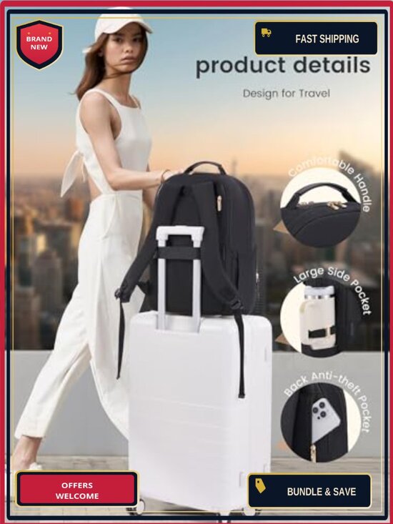 Laptop Backpack for Women with Leather Trim, 15.6\